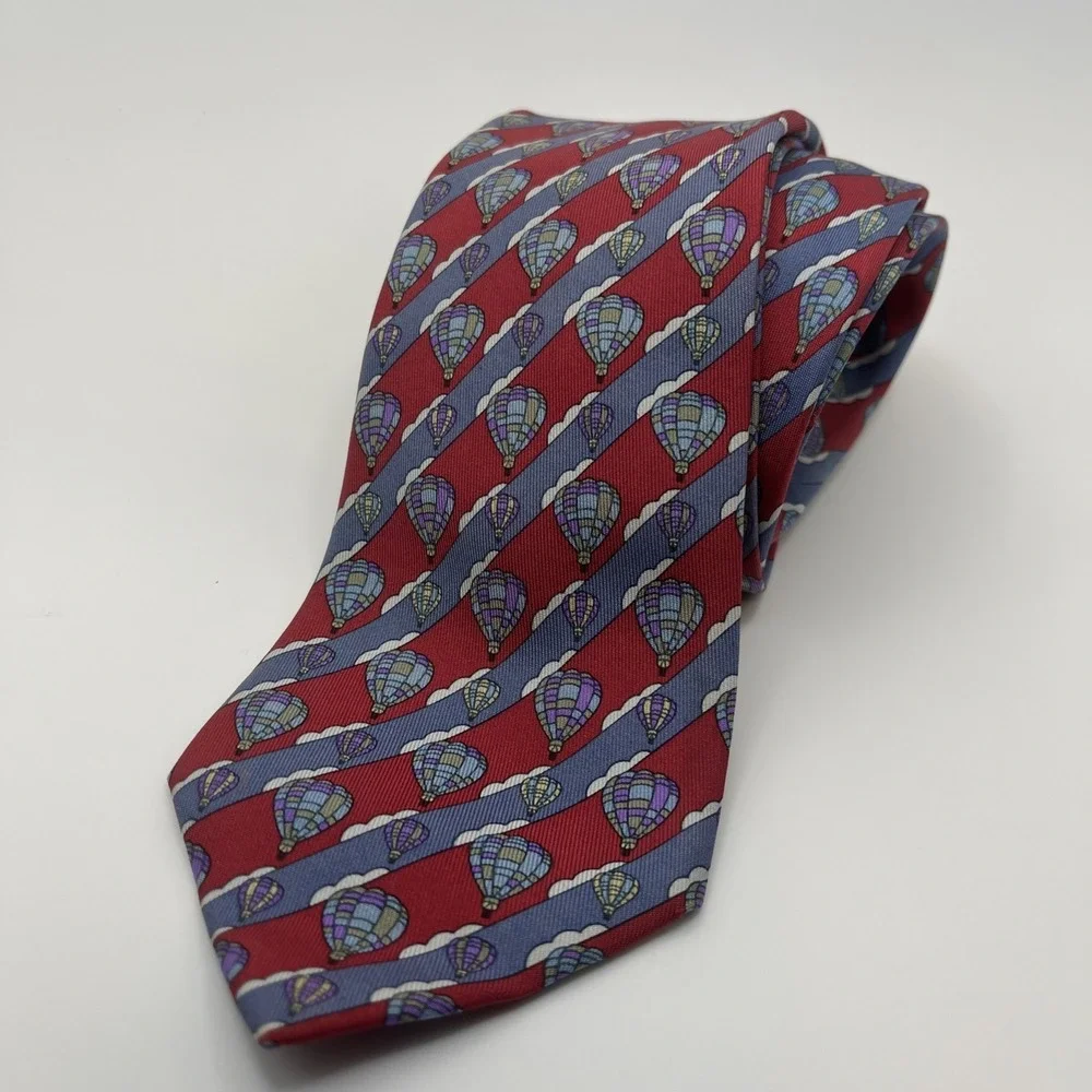 Hermes 100% Silk Mens Tie Made in France Hot Airballoon Geometric Pattern